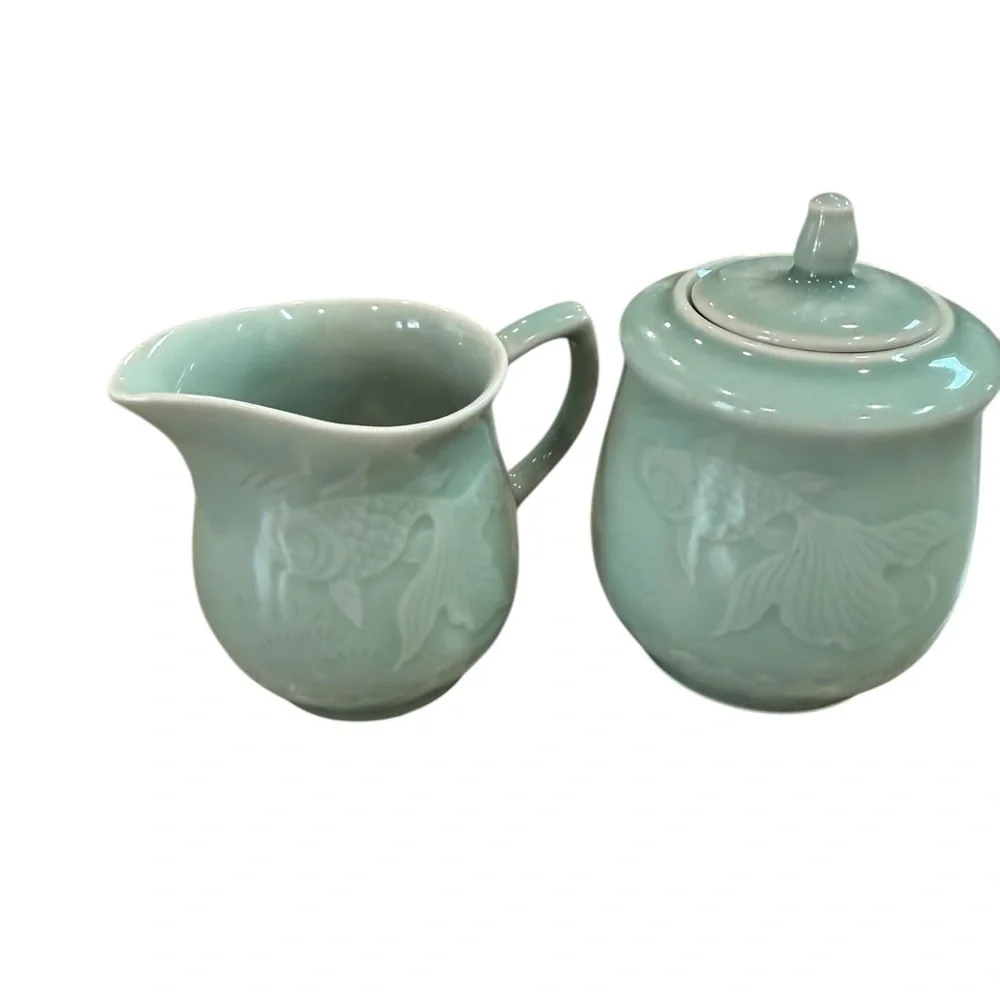 Lonqquan Celadon Koi Fish Creamer and Sugar Bowl Set Jade Green Glazed Vintage